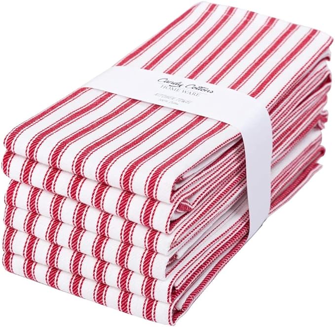 Stripe Kitchen Dish Towels With Hanging Loop - Boho Absorbent Festive Gift Set of 6 - Reusable 18x28 Inch Pantry Decor - Trendy Spring French Red