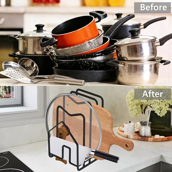 Multi-functional stainless steel kitchen cutting board rack-a compartmentalized storage rack that can accommodate 3-5 cutting boards/baking trays/trays,saving counter space (Black)