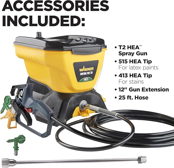 Wagner Spraytech 2422951 Control Pro 130 Paint Sprayer Kit, High Efficiency Airless Sprayer with Low Overspray & 12" Extension, 515 & 413 Tip for Large Projects, Yellow