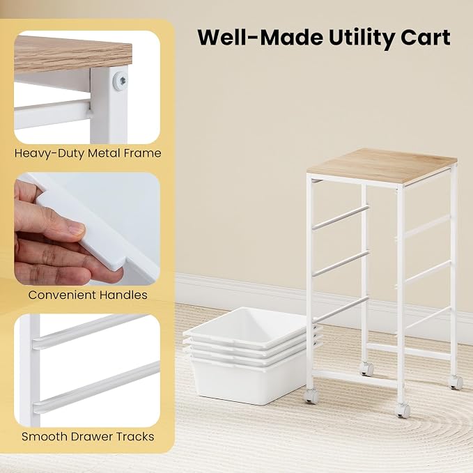 LDAILY Rolling Cart with Drawers, 4 Drawer Rolling Storage Cart with Wooden Tabletop, Metal Frame & Lockable Wheels, Craft Organizers and Storage for Home Office Classroom (White, 4 Drawer)