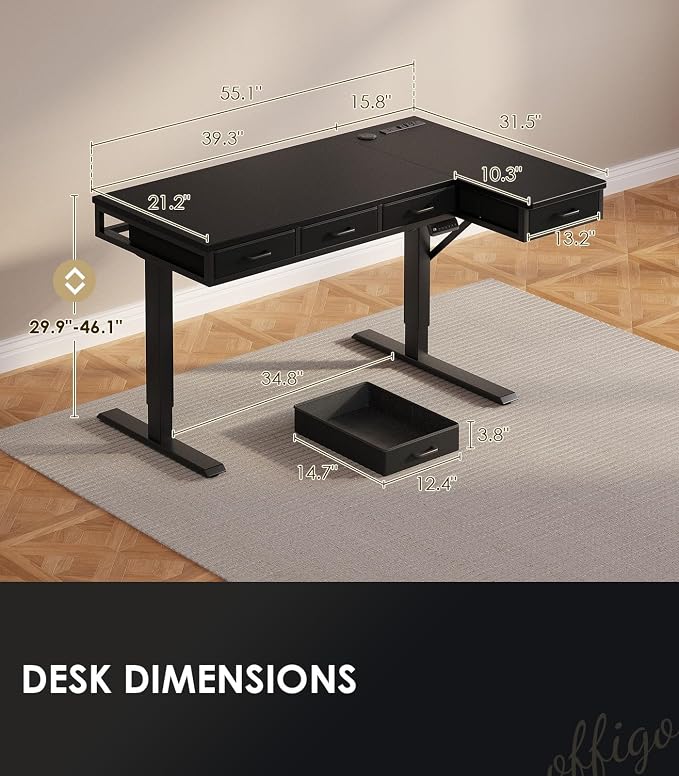 OffiGo 55 Inch L Shaped Electric Standing Desk with 4 Drawers, Black | Reversible Corner Table, Office Desk With 4 Drawers and Outlets For Home Office, Computer Workstation And Sit Stand Use