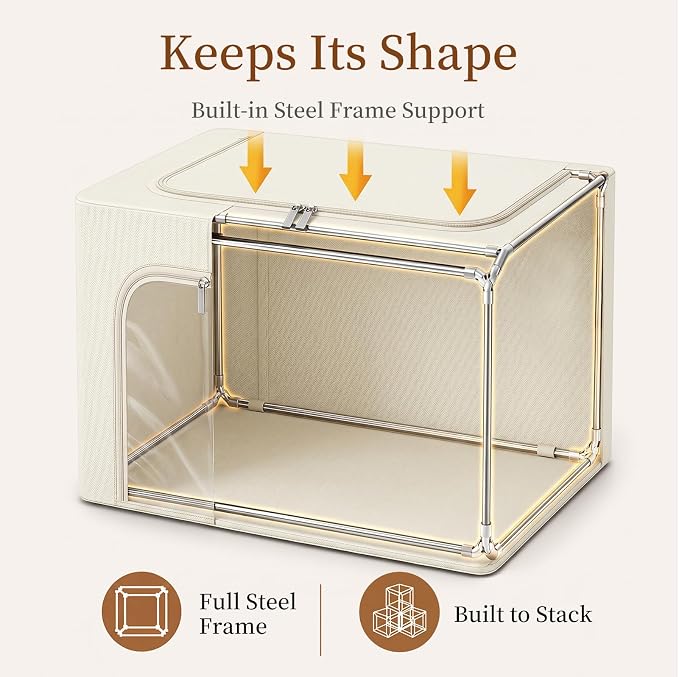 GoMaihe 3 Opening Clothes Storage Bins with Metal Frame, 40L Sweater Storage Organizer for Upper Shelf Closet Storage Boxes with Clear Window for Hoodies Jeans Towel 3-Pack Beige