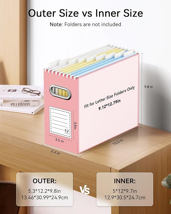 Oterri File Organizer Box, Portable Collapsible Cardboard File Folder Organizer with Handle for Letter Size Hanging Files, Document Storage Box for Home Office & Classroom (4 Packs, Pink)