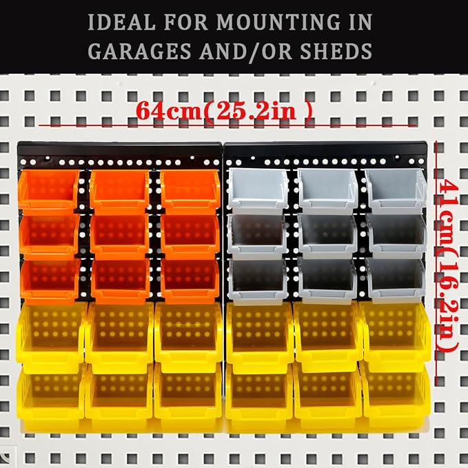 30-Bin Wall Mounted Storage Bins Kit, Tool Organizer Rack, Garage Hardware Organizer, Parts Storage Bins, DIY Combination 4 Set (Grey & Orange & Yellow Type)