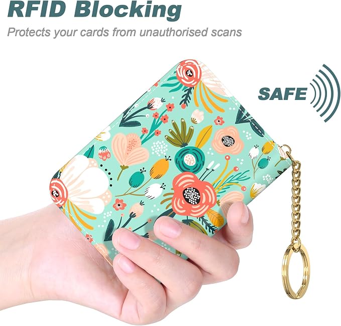 Nipichsha Women's Credit Card Holder Wallet, Green Flower, Leather, Compact, Slim, 12-Slot, RFID Blocking