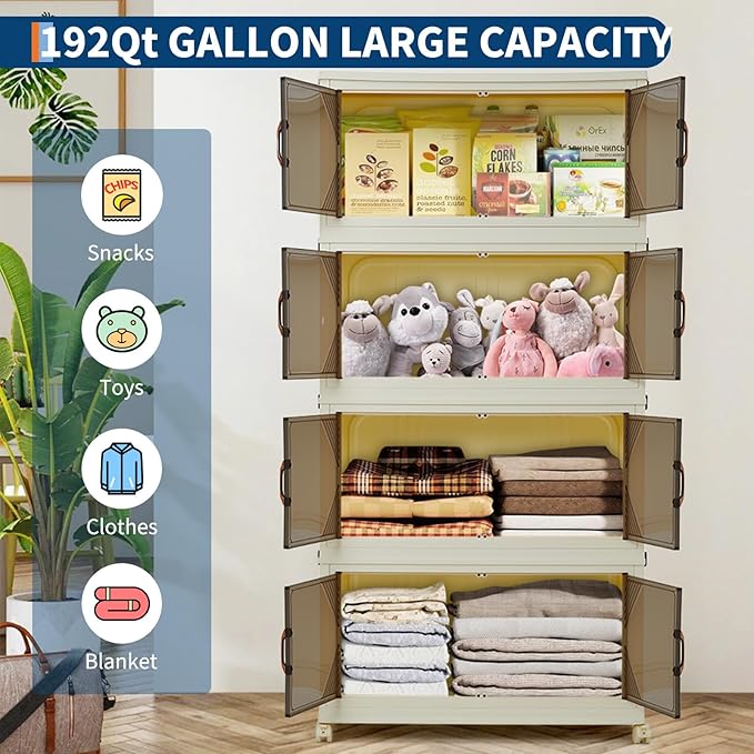 Garvee 192QT Stackable Storage Bins, Plastic Bins for Storage with Lids, Plastic Storages Drawers with Magnetic Doors & Wheels, Foldable Collapsible Closet Organizers for Home, Dorm, Office, White