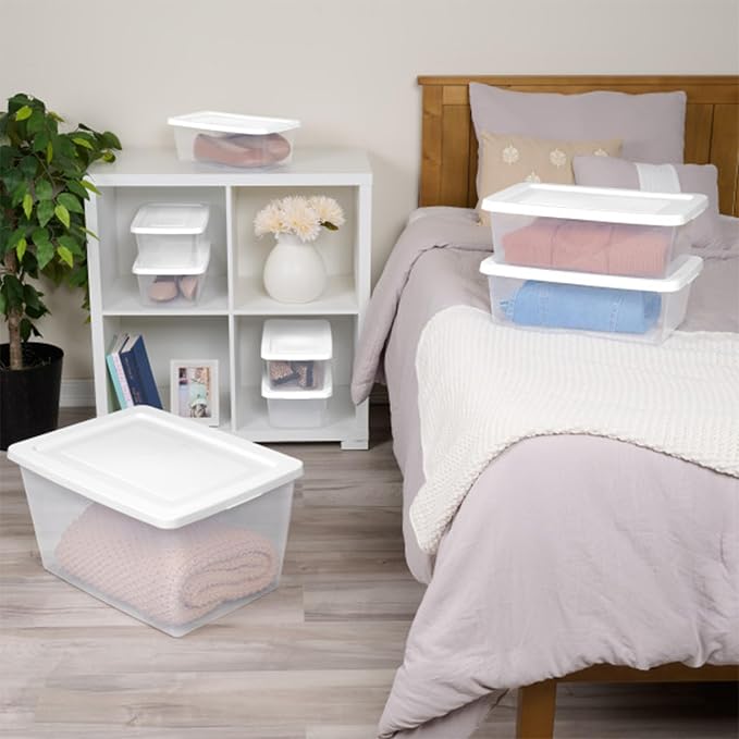 Sterilite 12-Pack Clear Storage Box, Stackable Container Bins with Lids, 58 Qt, White – Large Plastic Containers for Home, Closet, Bathroom, Classroom, and Office Organization