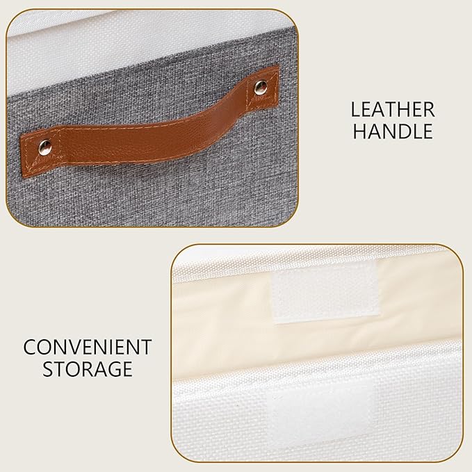Yawinhe Collapsible Storage Bin, Cube Organizer Basket, Fabric Box with Lids, Washable and Leather Handle, for Home, Closet, White/Grey, 13.0''Lx9.0''Wx7.9''H, 3-Pack, SNK024WGS-3