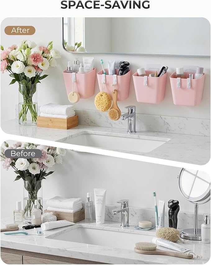 4 Pack Rolling Cart Accessories, Pink Craft Cart Cup Holder and 6 Hooks for Utility Carts, Adhesive Kitchen Cabinet Door Storage, Space-Saving Wall Mount Organizer for Bathroom, Office, Makeup