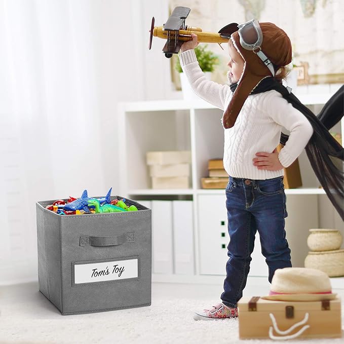 Fabric storage cubes (Set of 8) 11 Inch Cube Storage Bin, cube storage with 8 Labels Window Cards & a Pen, Foldable cube organizer bins, 11x11 storage bin, Cubby Organizer bins, Gray