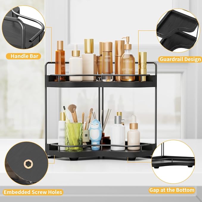 2-Tier Corner Bathroom Counter Organizer for Storage, Black | Larger Size, Solid Wood, Embedded Screw Holes, sink and Vanity Countertop Organizer for Perfume, Skincare & Makeup Storage