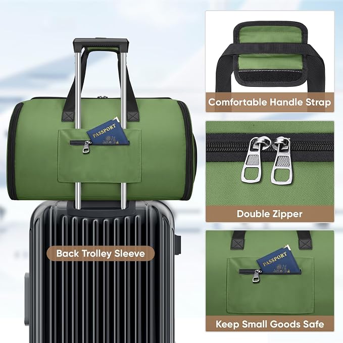 BALEINE Travel Garment Bag, Travel Suit Bag for Men, Water Resistant Carry on Garment Bag for Hanging Clothes, Garment Duffel Bag for Travel Business (Green-Convertible)