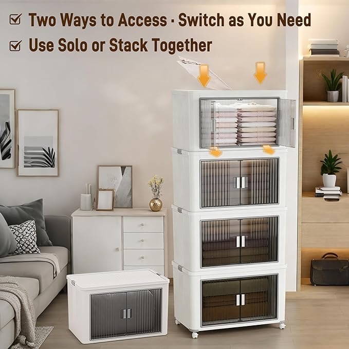 Folding Storage Bins with Lids, 4-Pack Top & Front Opening Stackable Organizer, Total 280qt, for Bedroom Living Room Kitchen Office Bathroom, White, 22"x13.6"x13.8" Each