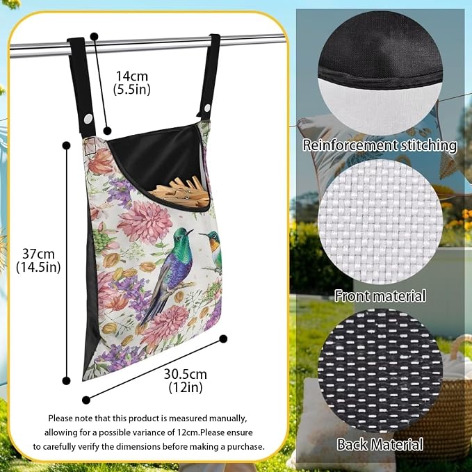 Hummingbird Clothespin Storage Hanger Bags Hydrangea Laundry Clothespin Bag, Clothespin Bag with a Large Opening, Hanging Storage Organizer with Hanging Rope for Home Outdoor
