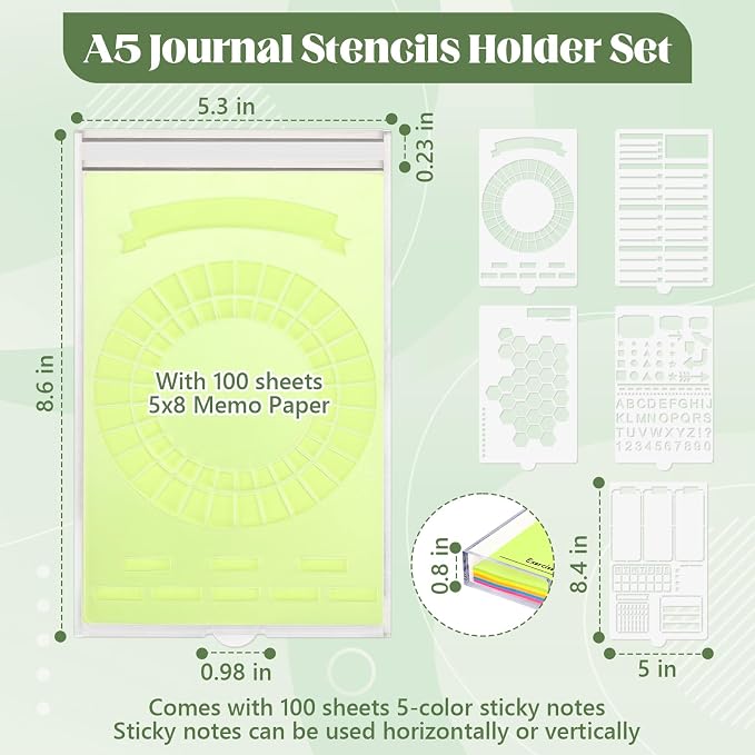 5" x 8" Sticky Notes Stencil and Holder Set with 5 Planner Stencils for A5 Journal Acrylic Post It Note Holder Organizer A5 Planner Stencil Record Templates Organizer for Desk School Office