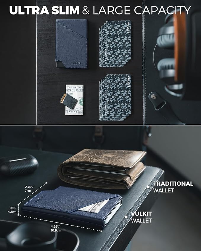 VULKIT Pop up Card Wallet Top-Grain Genuine Leather RFID Blocking Slim Aluminum Metal Bank Card Holder Case with Business Money Pocket for Credit Cards Notes and Coins Navy