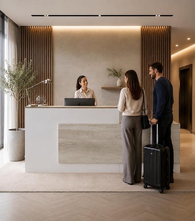 Modern L-Shaped Reception Desk with Counter - 110 Inches Front Desk with Storage Cabinet, Open Shelves, Lockable Drawer & Keyboard Tray for Office, Lobby, Checkout (Oak & Warm White - Right)