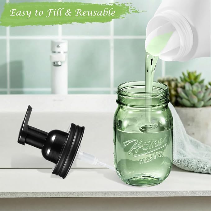 Amolliar 16OZ Green Glass Mason Jar Foaming Soap Dispenser, Plastic Pump & Stainless Steel Lid, Refillable Hand Soap Dispenser for Kitchen Bathroom, Farmhouse Decor for Foaming Dish Soap, Black 1 Pack