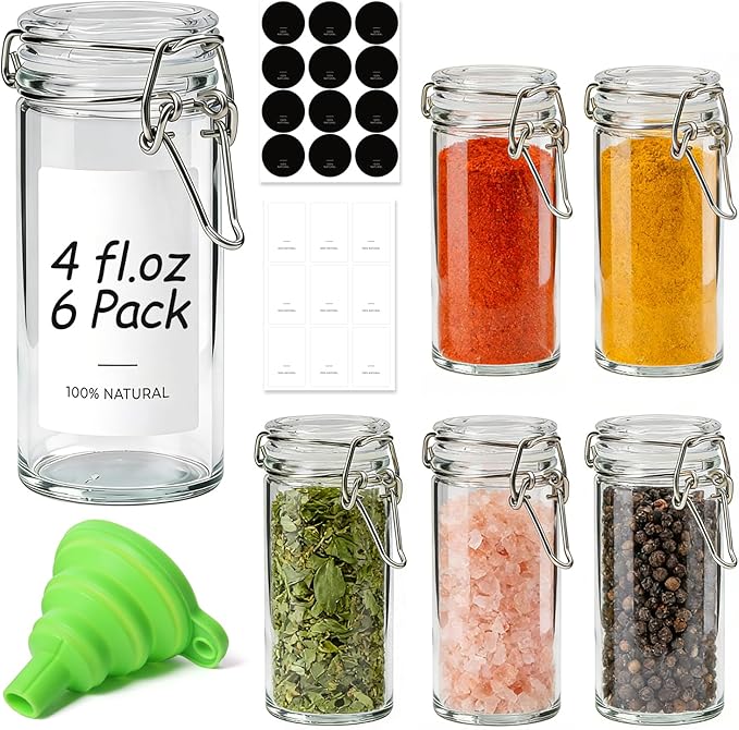 ComSaf Small Glass Spice Jars with Airtight Lids 4 oz 6 Pack with Labels | Seasoning herbs powders, Salt pepper chili, Spice rack cabinet organization, Small size, Funnel included, Party favors