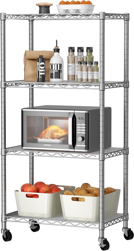 Golpart Shelves Storage Shelf Wire Closet Bathroom Organizers Metal Pantry | 4 tier Kitchen Garage Shelving Unit Laundry Room Organization Home Rack Net Basket White with Wheels 14”D X 24”W X 48.9”H