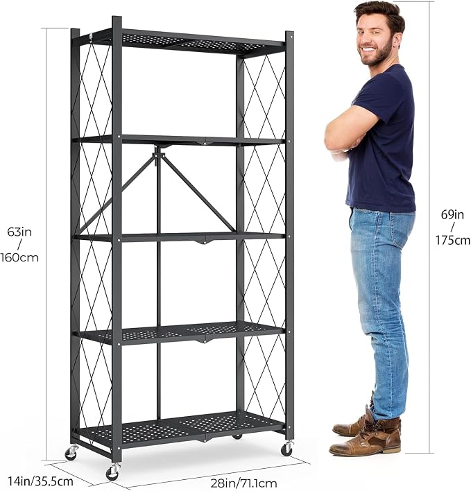 5-Tier Folding Metal Storage Rack - 63" Heavy-Duty Steel Frame with Wheels, No Assembly Utility Organizer, Rolling Shelving Unit for Kitchen, Garage, Pantry, Bedroom (Black, 5 Tier)
