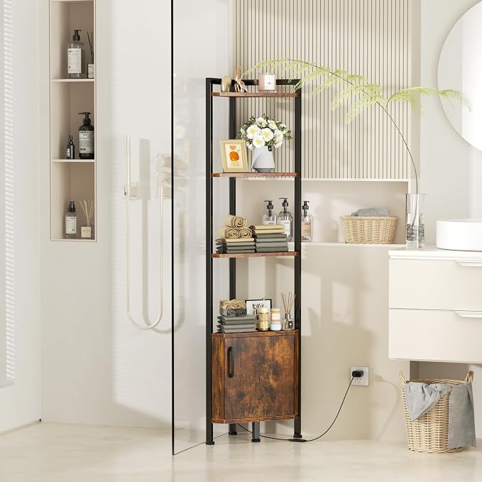 Furnulem Corner Shelf Cabinet,Corner Bookshelf with Storage and LED Light | Wall Shelf Unit,62.8”Tall Wood Display Shelves for Bedroom,Living Room,Kitchen,Metal Frame,Easy to Assemble