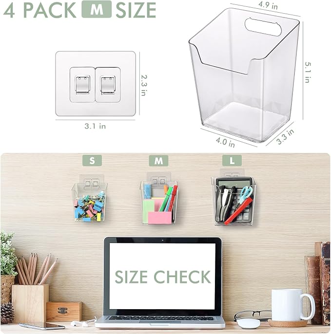 Clear Adhesive Wall Storage Bins, 4 Pack Cabinet Door Organizer Holders, Hanging Wall Mount Pockets, Plastic Cups for Shower Bathroom Makeup Office Craft Remote Kitchen Sink RV Organization (Medium)