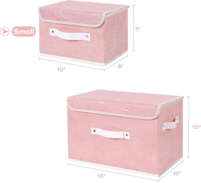 ANMINY 4PCS Fabric Storage Bin with Lid Rose Print Storage Box Basket with PU Leather Handles Washable PP Plastic Board Decorative Foldable Lidded Shelf Cubes Closet Organizer - Pink, Small Size