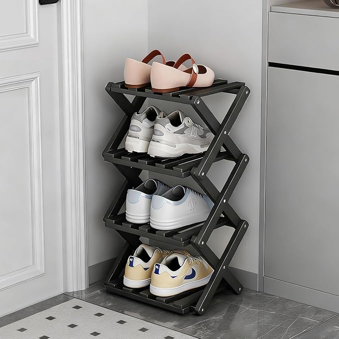 Vertical Black Shoe Rack Small, 4 Tier Portable Folding Shoe Storage Rack, Without Installation Free Standing Shoe Rack for Corridors, Bedrooms Living Room Corner and Small Spaces
