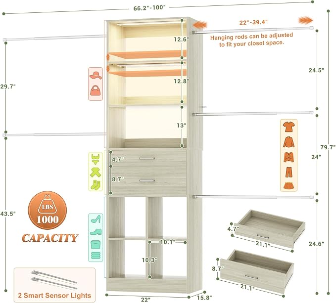Besiost Closet System, 4-8 FT Closet Organizer System with Smart Sensor Lights, 2 Wooden Drawers and 5 Hanging Rods, Can Fit 60 to 96 inch Walk-in Closet System, Greige Oak