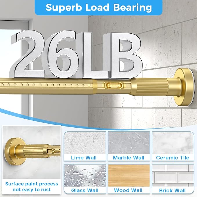 AIZESI 41-86 Inch Heavy Duty Gold Tension Curtain Rod - No Drilling, Adjustable, Rust-Proof for Outdoor, Living Room, Bathroom