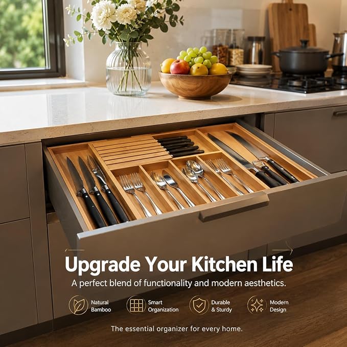 FUSHITON Expandable Bamboo Utensil Organizer with Built-In Knife Block, 7 Compartments, Adjustable Drawer Divider for Kitchen