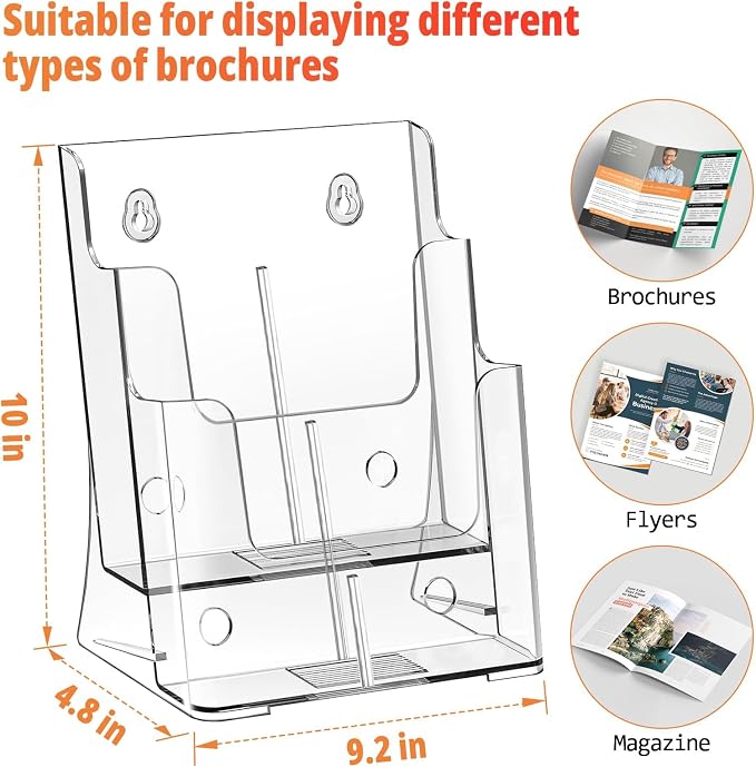 FUCDTEFC Acrylic Brochure Holder 8.5x11 & 4 x9 Inches, Clear 2 Tier Literature Magazine Stand Brochure Display Stand w Removable Divider Universal, Pamphlet Flyer Holder for Wall Mount or Countertop