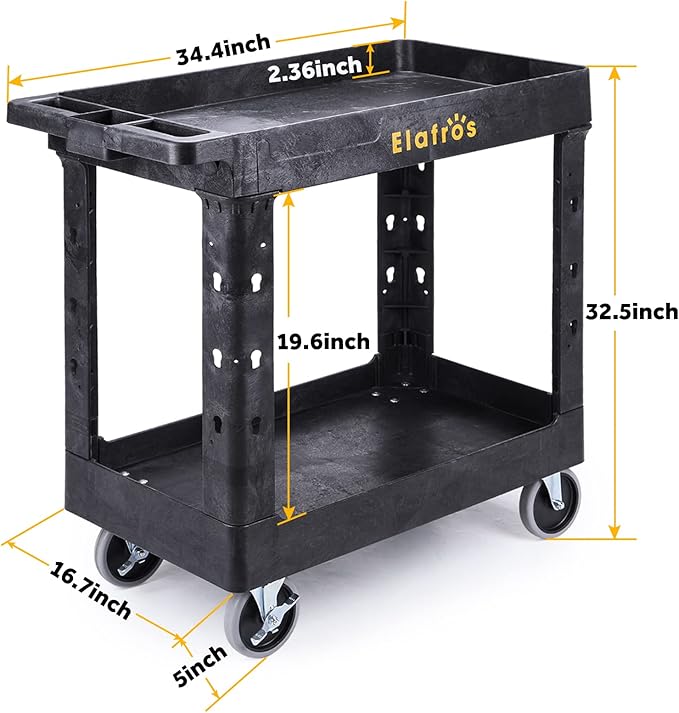 ELAFROS 2-Tier Utility Rolling Cart, 34 x 17 in, 5" Swivel Wheels, 550lb | Deep Tub Shelves, Plastic Service Cart, Work Cart, Tool Cart, Tub Storage Organizer, Warehouse Garage Cleaning Supplies