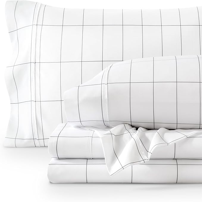Bare Home Split King Sheet Set - 1800 Ultra-Soft Microfiber Bed Sheets - Double Brushed - Deep Pockets - Easy Fit - 5 Piece Set - Bed Sheets & Pillowcases (Split King, Grid - White/Grey)