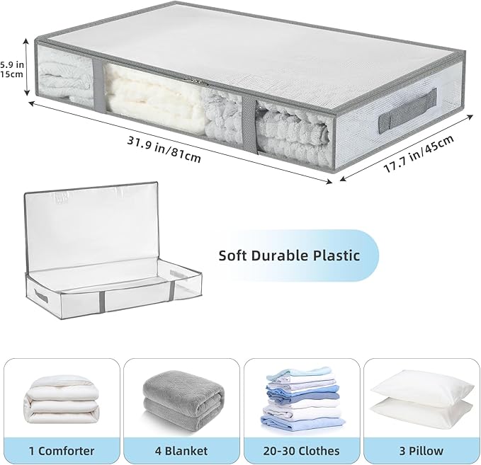 4 Pack Under Bed Storage Containers, Heavy-Duty Material Plastic Underbed Storage Bins, Blanket/Clothes Storage Bags with Lid, Bedding Comforter/Sheet/Closet Organizer and Storage