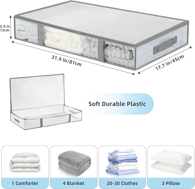 6 Pack Under Bed Storage Containers, Waterproof Material Plastic Underbed Storage Bins, Blanket/Clothes Storage Bags with Lid, Bedding Comforter/Sheet/Closet Organizer and Storage