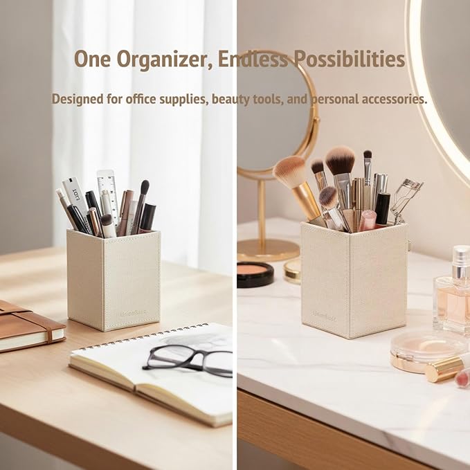 UnionBasic Square Pen Holder, Leather Pencil Cup, Desktop Caddy Stationery Organizer, Beige