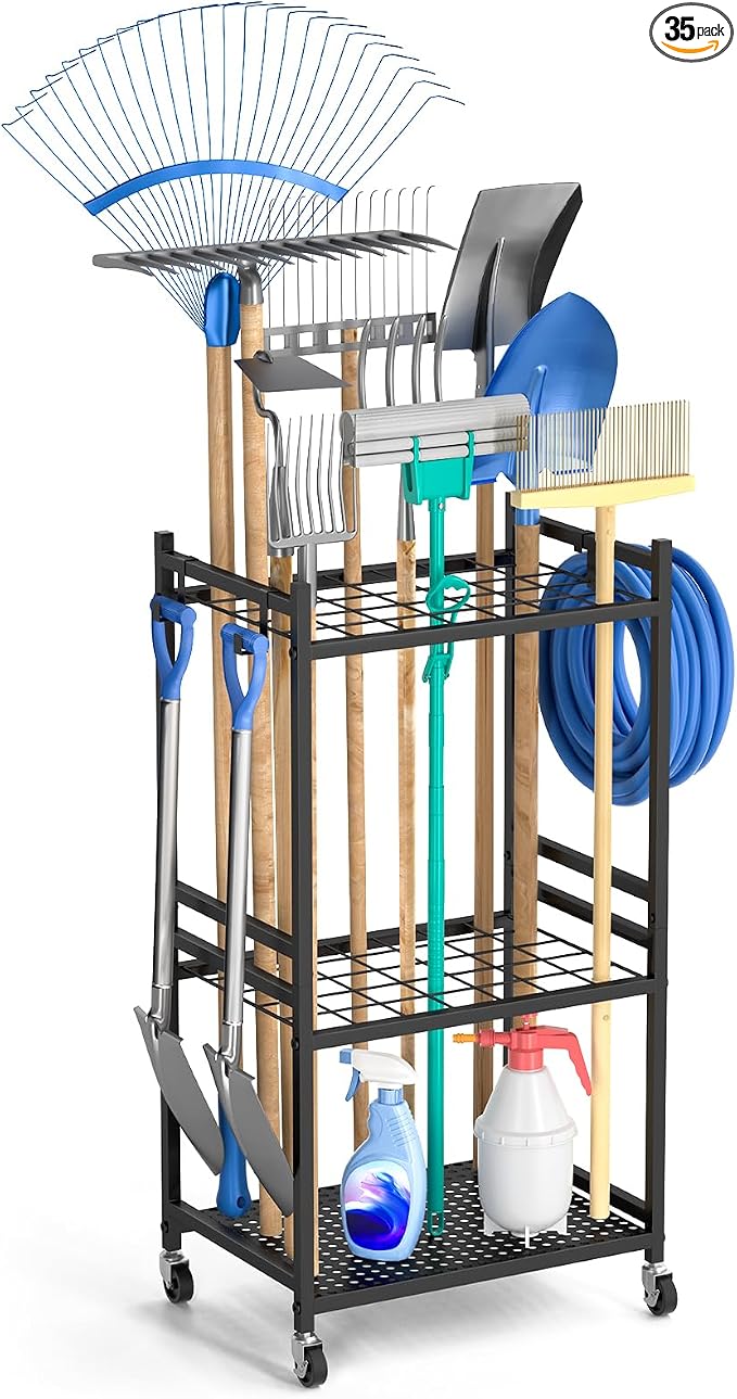 DAOUTIME Garden Organizer With Wheels, Yard Tower Rack for Garage Storage, Up to 35 Long-Handled Tools, Sturdy Metal Steel Holder With 3 Hooks, Outdoor, Black