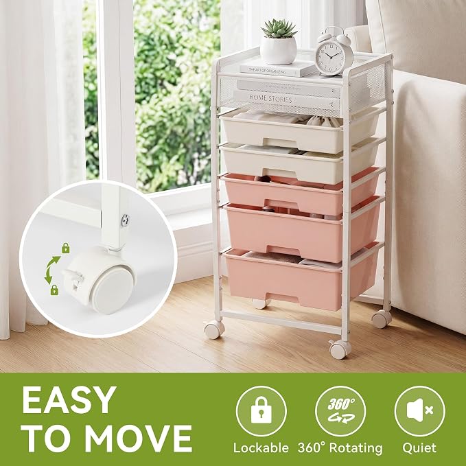 Stylish Rolling Craft Cart with Wheels and 5 Drawers, Art Cart Organizer and Storage, Rolling Storage Cart for Organizing Crafts, Yarn, Toys, School Supplies, etc