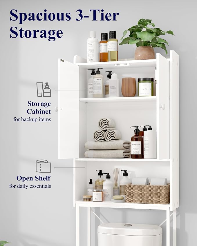 Kitsure Over The Toilet Storage Cabinet - 3 Tier Bathroom Organizers and Storage Solution with Adjustable Shelf & Bottom Bar, Anti-Tip Bathroom Storage Cabinet, White, 3 Tiers (68.1" H)