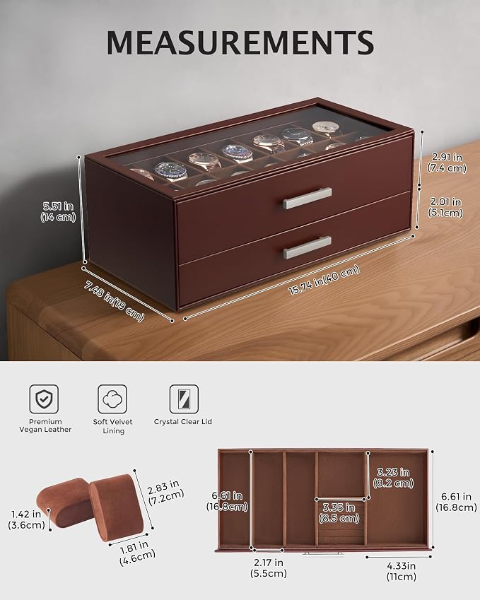 ProCase 14-Slot Watch Case for Men, 2-Tier Pull-Out Drawers Box -Espresso | Fathers Day Gift for Dad Men with Display Clear Top Lid, Jewelry Sunglasses Storage Organizer, Anniversary Birthday Gifts