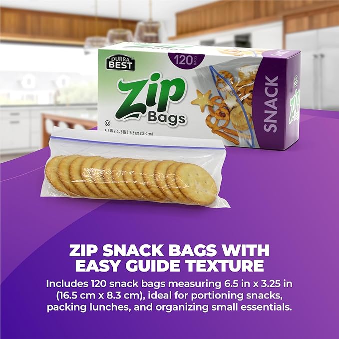 Snack Zip Bags - 120 Count | Resealable, Leak-Proof & Freezer Safe Reusable Bags for Snacks, Fruits, Veggies, Lunch & Small Sandwiches | BPA-Free, Durable Zip Seal | DURRA BEST