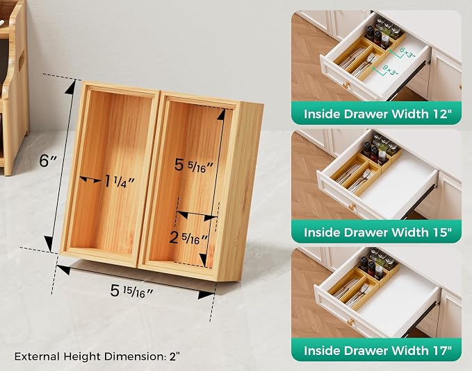 Small Bamboo Kitchen Drawer Organizer Boxes 6" x 3" Stackable Wood Tray | Set of 2 Silverware Utensil Tray for Drawers Bins Cutlery & Flatware Storage Wooden Organizers for Junk Drawer, Bathroom, Rv