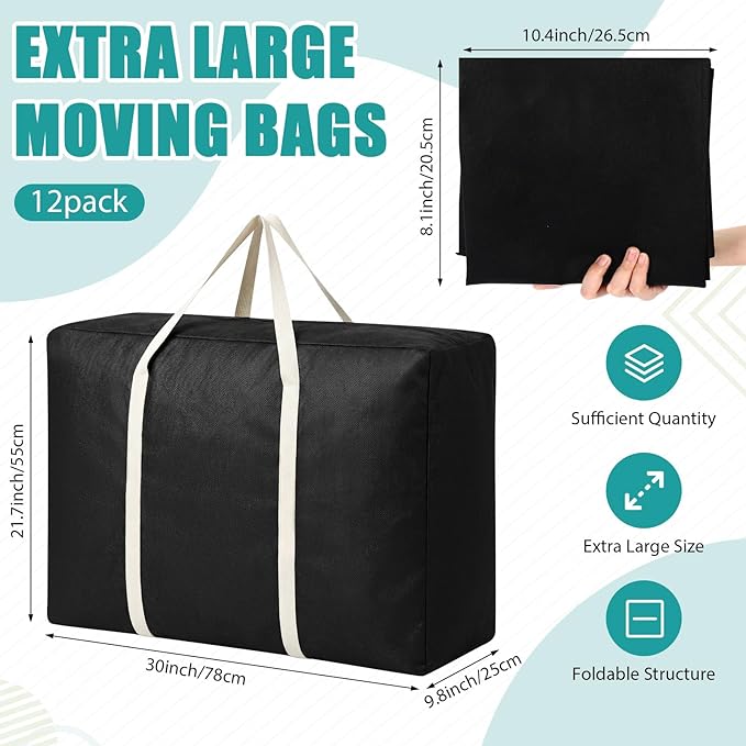 Sadnyy 12 Pack Extra Large Moving Bags Bulk with Carrying Handles & Zipper 32 Gal /120 L Reusable Waterproof Packing Bags Foldable Storage Organizer for Clothes, Bedding, Comforters(Black)