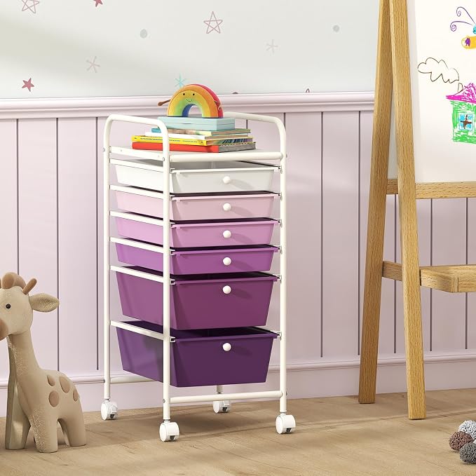 Giantex 6 Storage Drawer Cart Rolling Organizer Cart for Tools Scrapbook Paper Home Office School Multipurpose Mobile Utility Cart, Purple Gradient