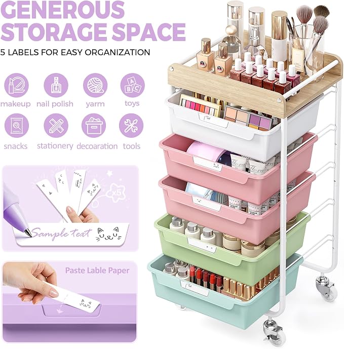 SYKIARIOL Utility Cart with 5 Labeling Drawers and Wooden Tabletop – Rolling Storage Cart for Crafters, Artists, Kids, Teachers, and Students – Organize Arts, Crafts, Sewing & Study Supplies