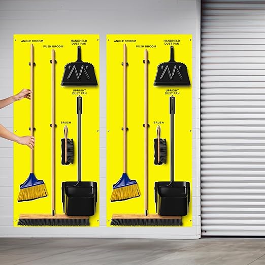 Clean & Sweep 5S Shadow Board/Wall Mount Broom Holder, 68" x 30" Board, 5S Cleaning Station - with Broom and Dustpan Set Included, Made in The USA by AccuformNMC, Yellow/Black, PSB116YLBK