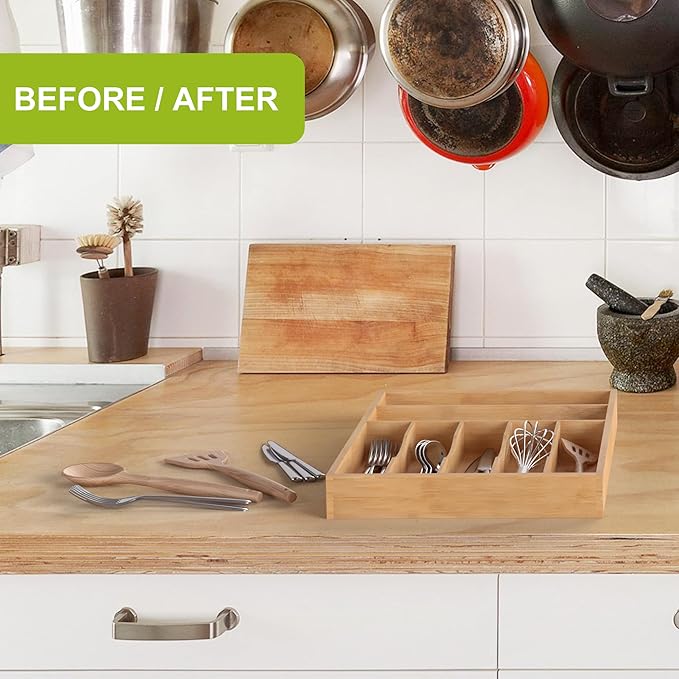 Unibambou Bamboo Utensil Drawer Organizer, Silverware Tray Organizer, Kitchen Drawer Organizer for Flatware Cutlery, Silverware Tray for Drawer (Natural, Large 12x16.5 Inch)