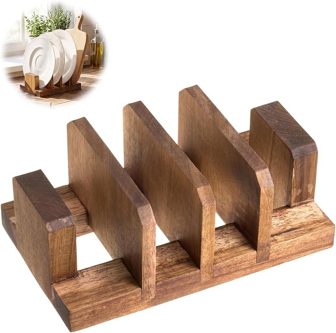 Acacia Wood Cutting Board Holder, 4 Slot Cutting Board Organizer Rack, Baking Pan, Bakeware & Knife Holder, Cabinet and Countertop Storage Stand for Kitchen, Dish, Plate, and Cookbook